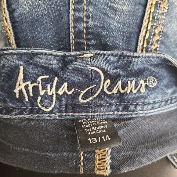 Arya Jeans Embroidered Flap Pockets 90s Y2K Flared Stretch Mid Rise Denim 35X32 - Picture 12 of 12